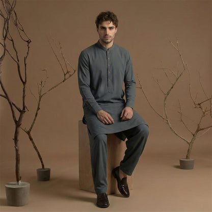 Classic Fit Ebony Band Collar Plain Suit