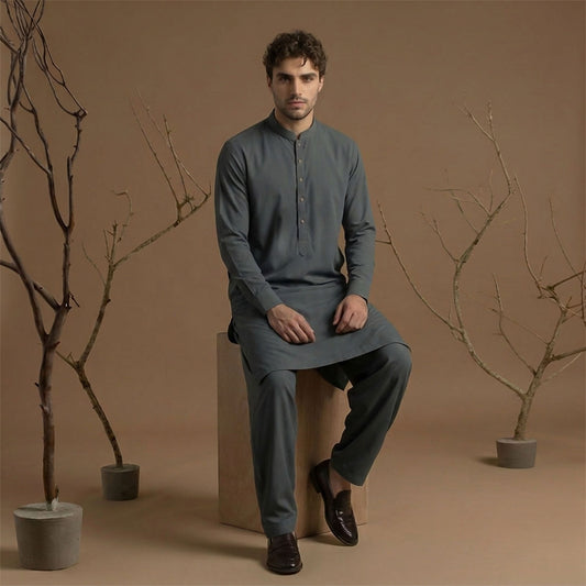 Classic Fit Ebony Band Collar Plain Suit