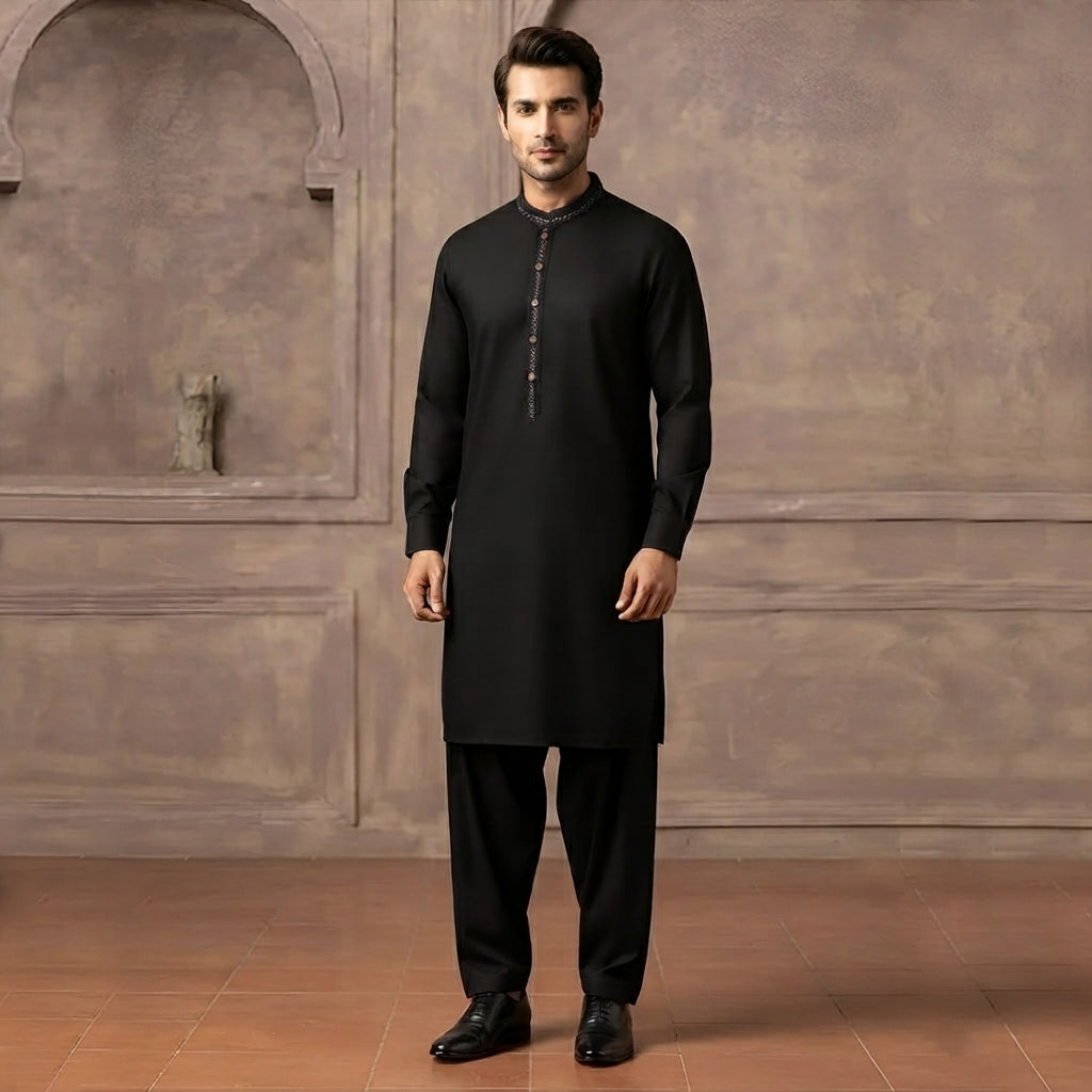 Classic Fit Black Emb Band Collar Suit