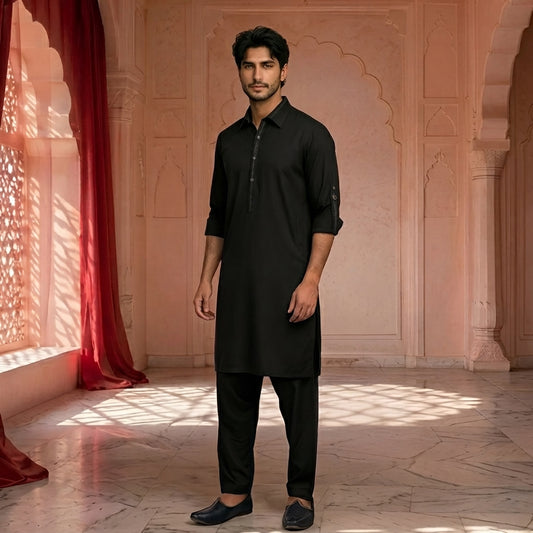 Classic Fit Black Emb Shirt Collar Suit