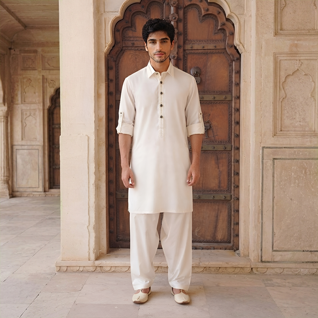 Classic Fit Cloud Dancer Emb Shirt Collar Suit
