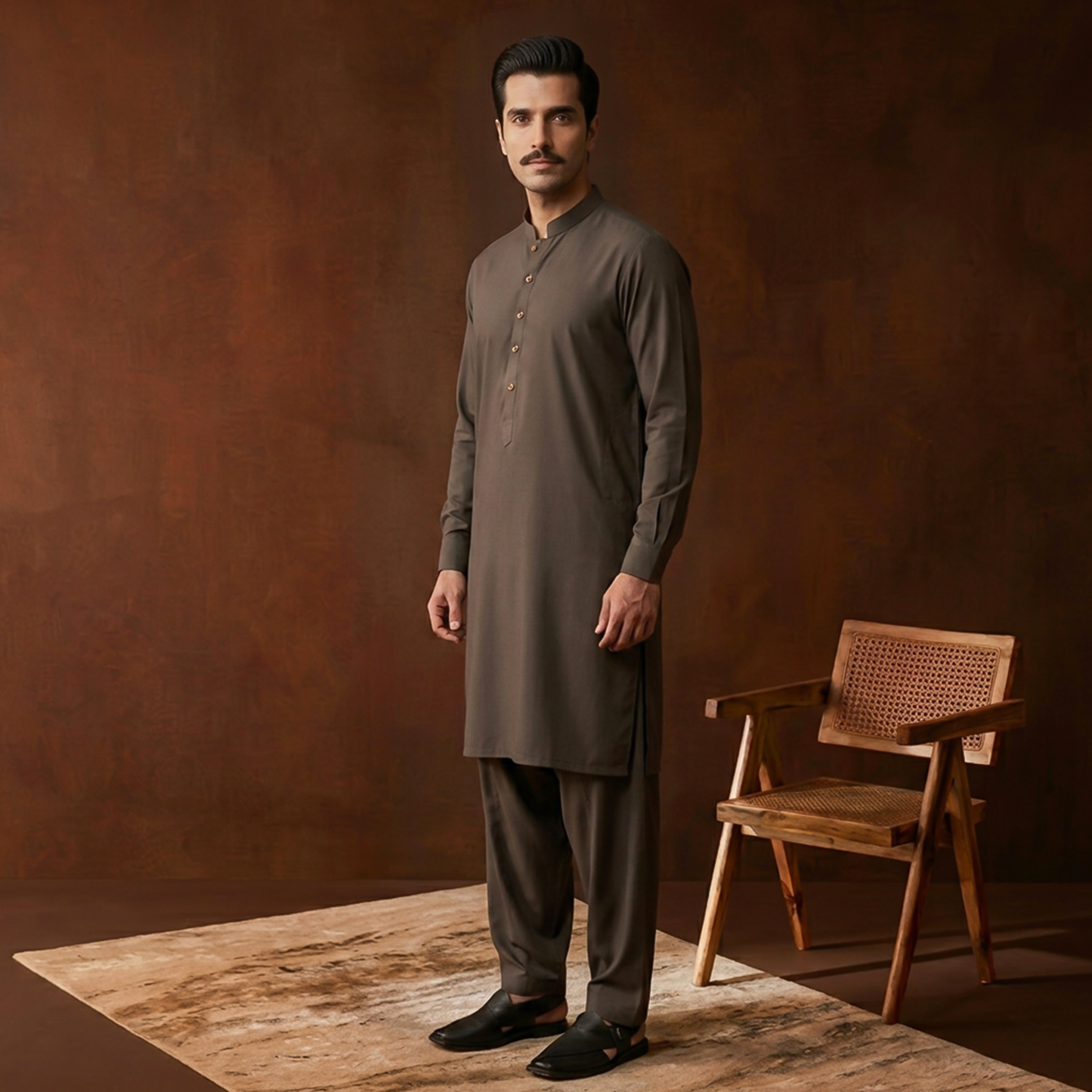 Classic Fit Ganache Band Collar Plain Suit