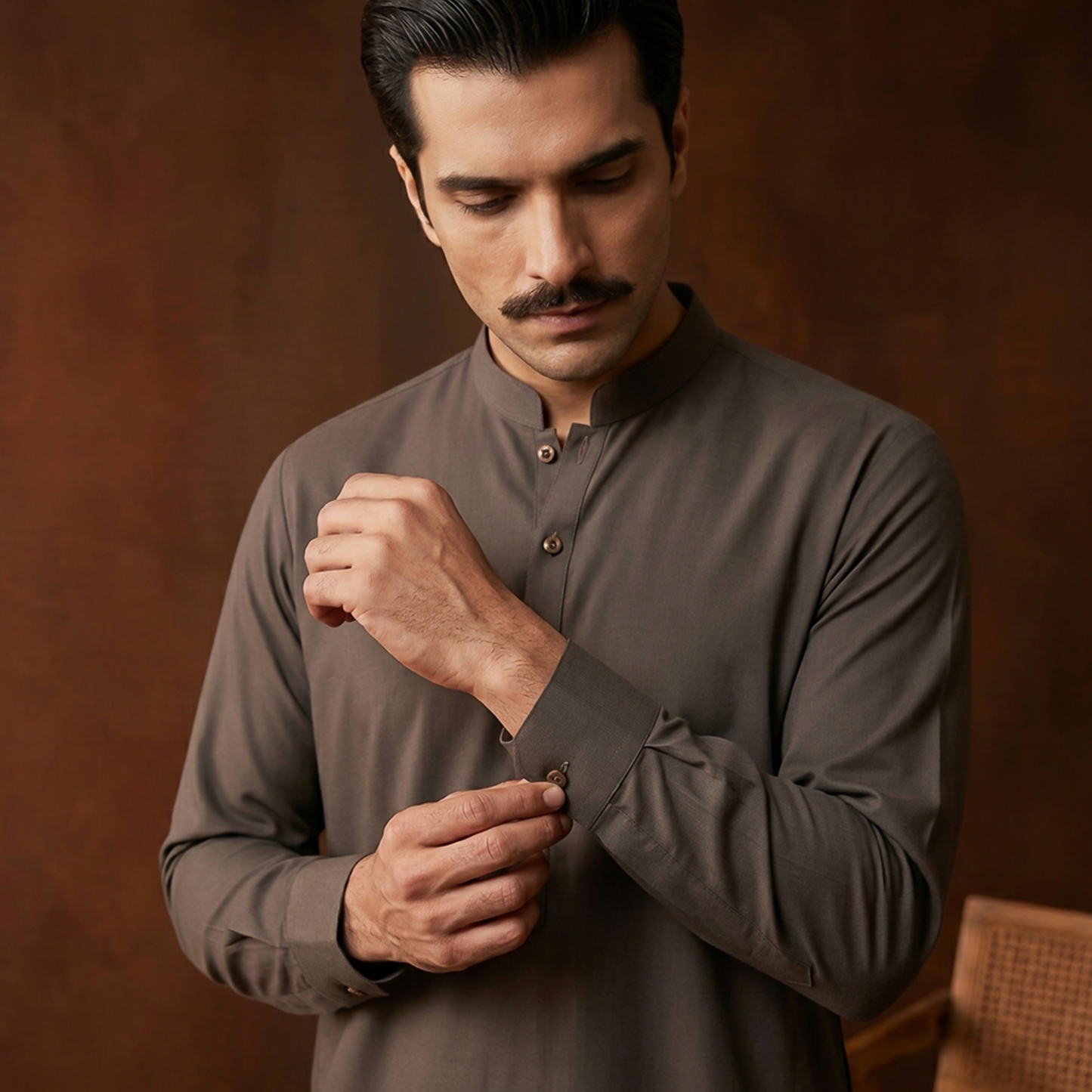 Classic Fit Ganache Band Collar Plain Suit