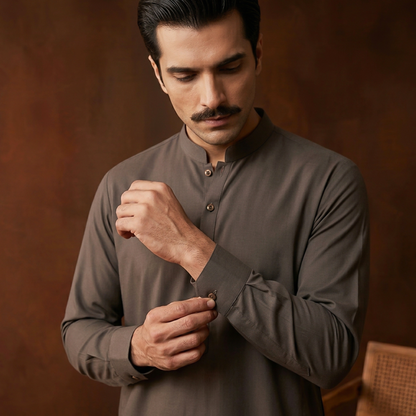Classic Fit Ganache Band Collar Plain Suit