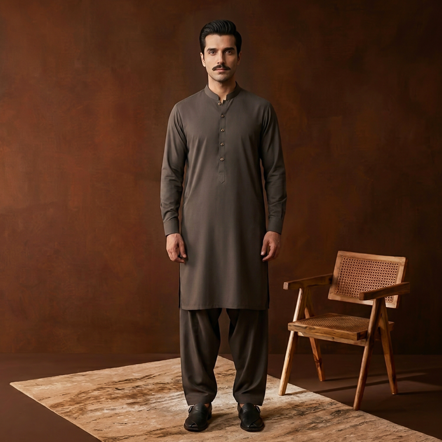 Classic Fit Ganache Band Collar Plain Suit