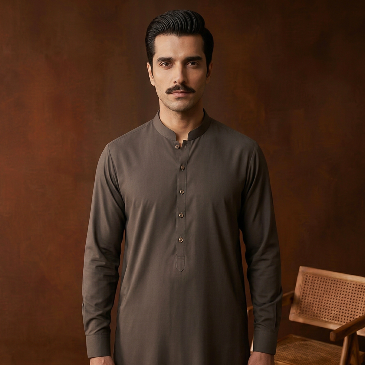 Classic Fit Ganache Band Collar Plain Suit