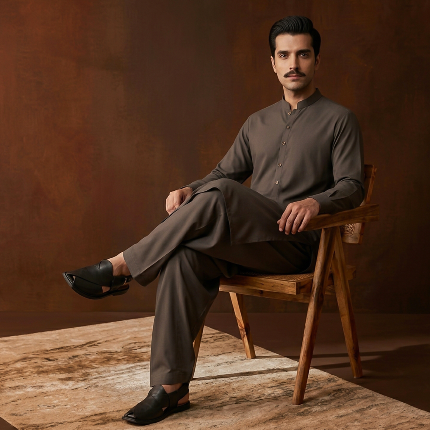 Classic Fit Ganache Band Collar Plain Suit