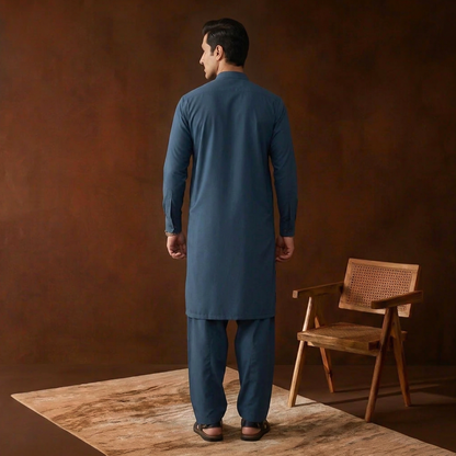 Classic Fit Majolica Blue Band Collar Plain Suit