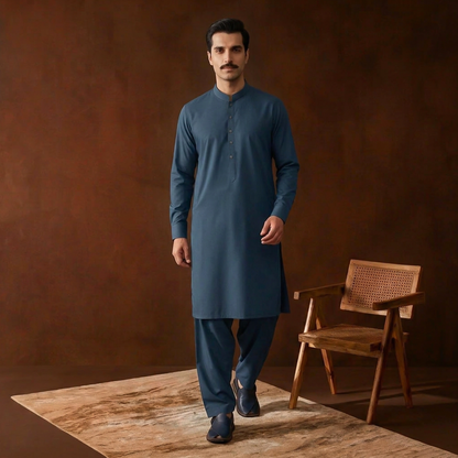 Classic Fit Majolica Blue Band Collar Plain Suit