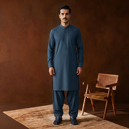 Classic Fit Majolica Blue Band Collar Plain Suit