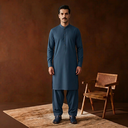 Classic Fit Majolica Blue Band Collar Plain Suit