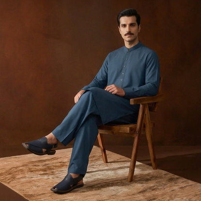 Classic Fit Majolica Blue Band Collar Plain Suit