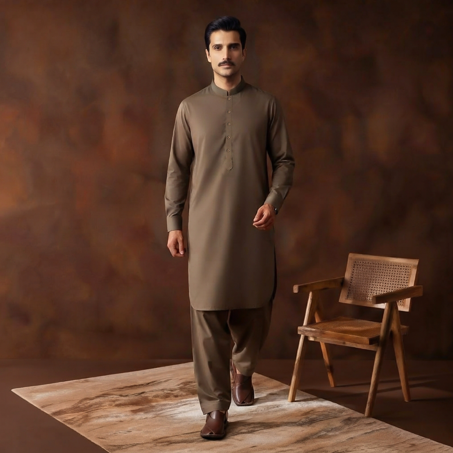 Classic Fit Pine Bark Band Collar Plain Suit
