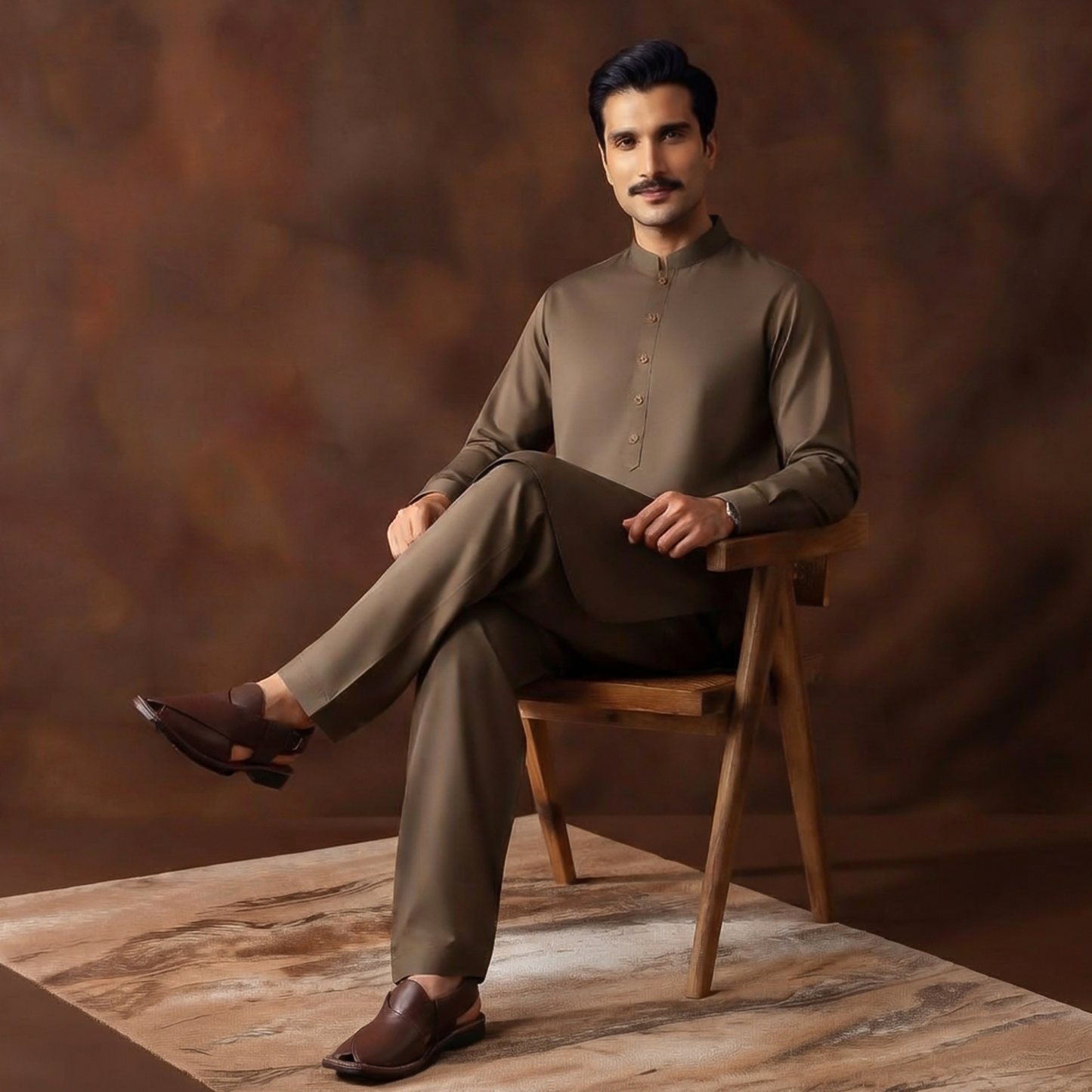 Classic Fit Pine Bark Band Collar Plain Suit