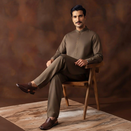 Classic Fit Pine Bark Band Collar Plain Suit