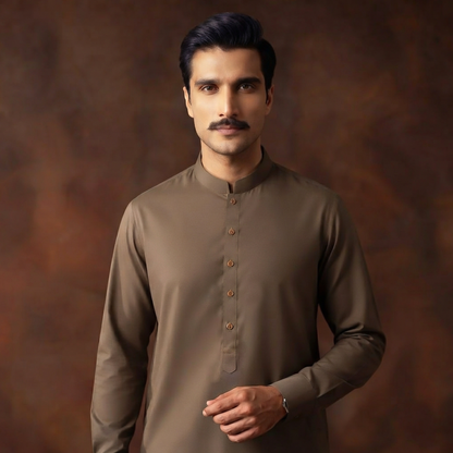 Classic Fit Pine Bark Band Collar Plain Suit