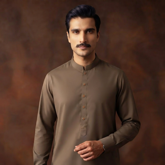 Classic Fit Pine Bark Band Collar Plain Suit