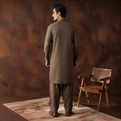 Classic Fit Pine Bark Band Collar Plain Suit