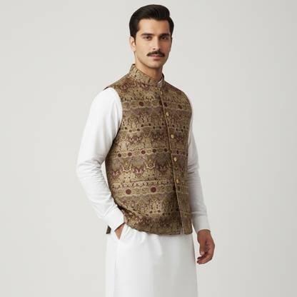 Classic Viscose Jamawar Maroon Waistcoat
