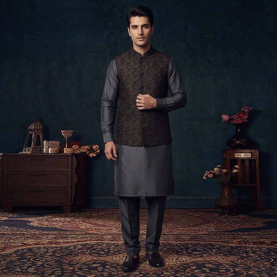 Classic Viscose Jamawar Brown Waistcoat