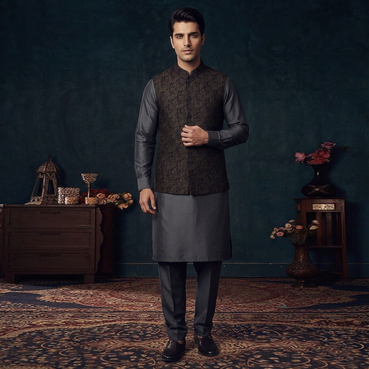 Classic Viscose Jamawar Brown Waistcoat