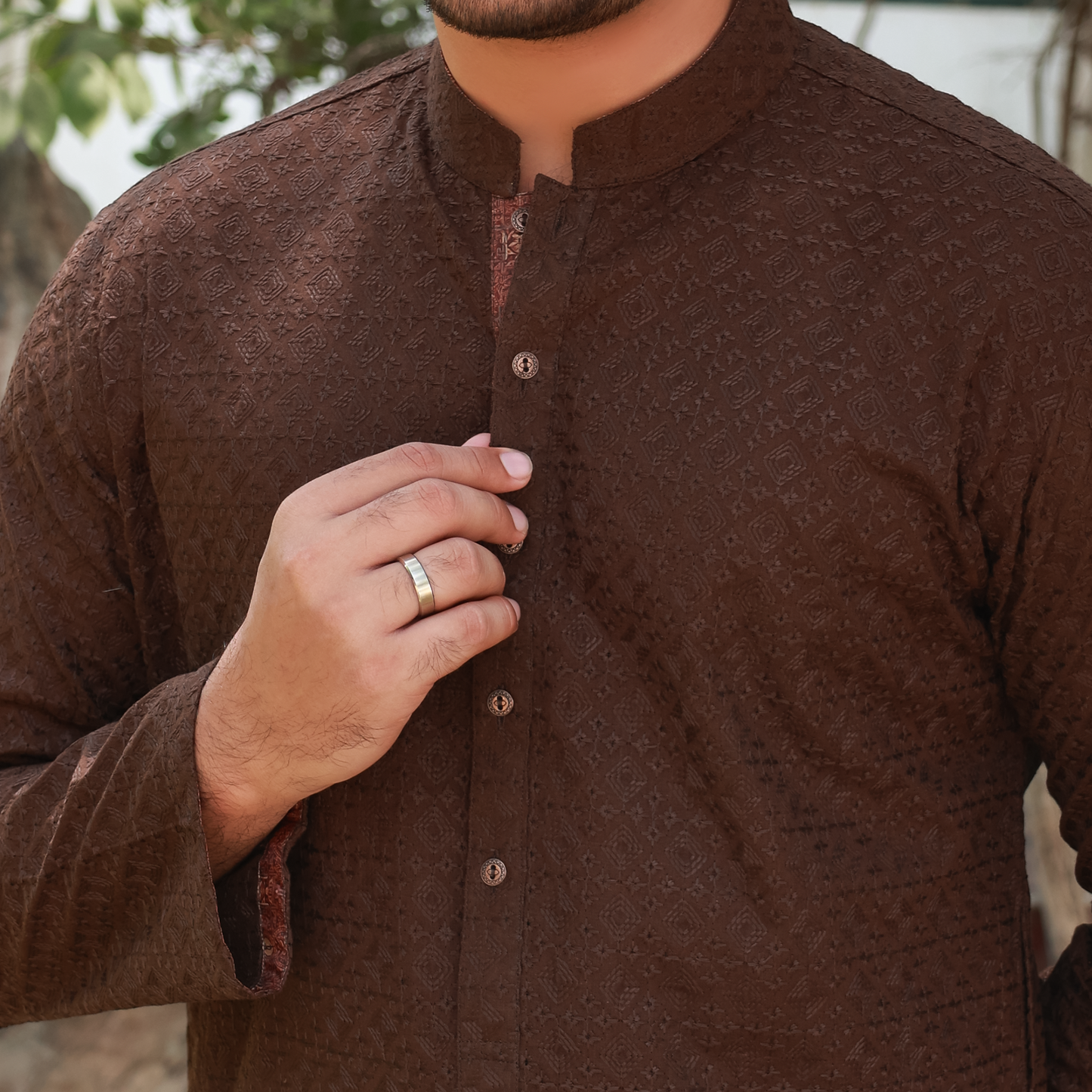 Coffee Brown Schiffli Cotton Slim Fit Kurta
