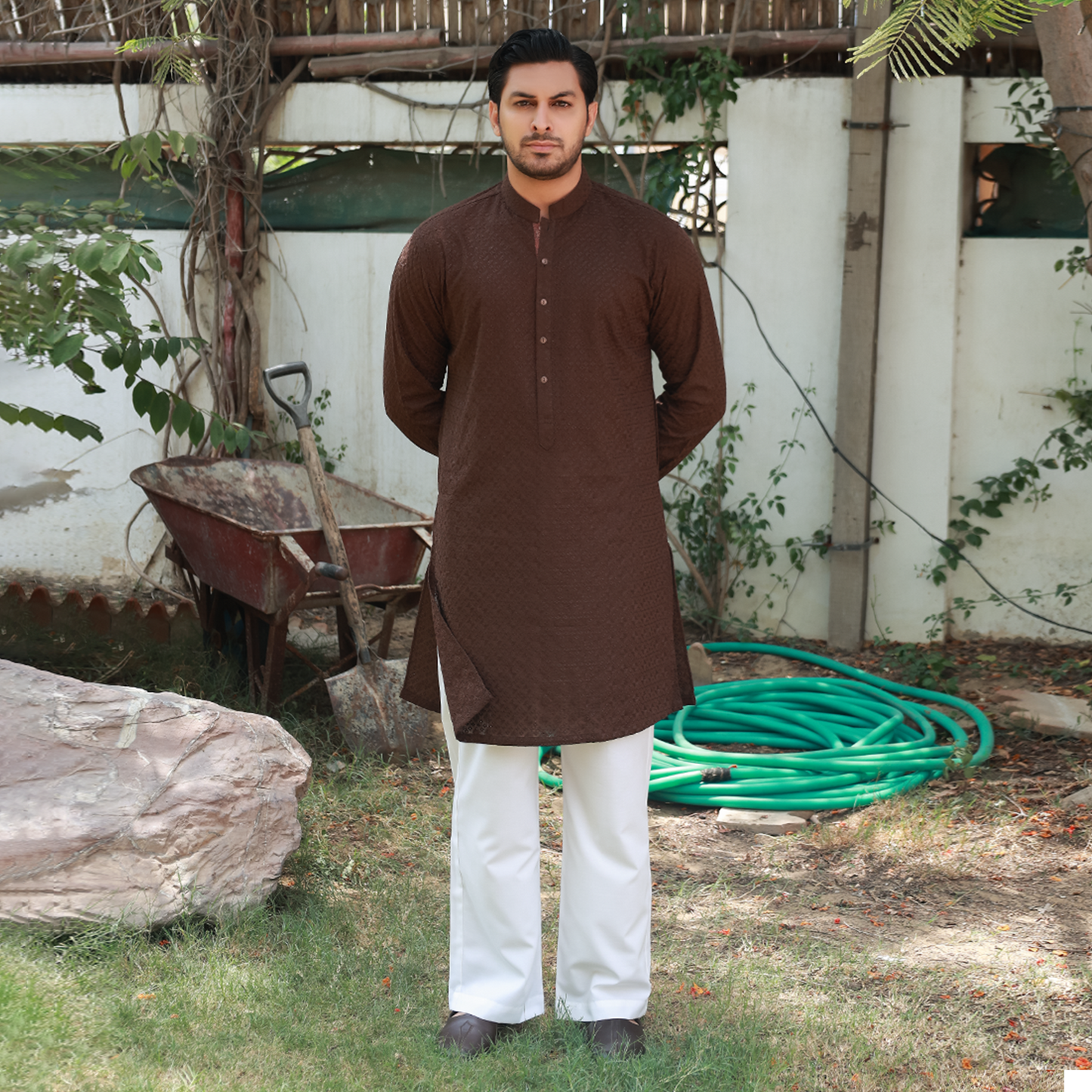 Coffee Brown Schiffli Cotton Slim Fit Kurta