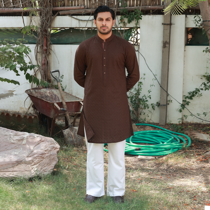 Coffee Brown Schiffli Cotton Slim Fit Kurta