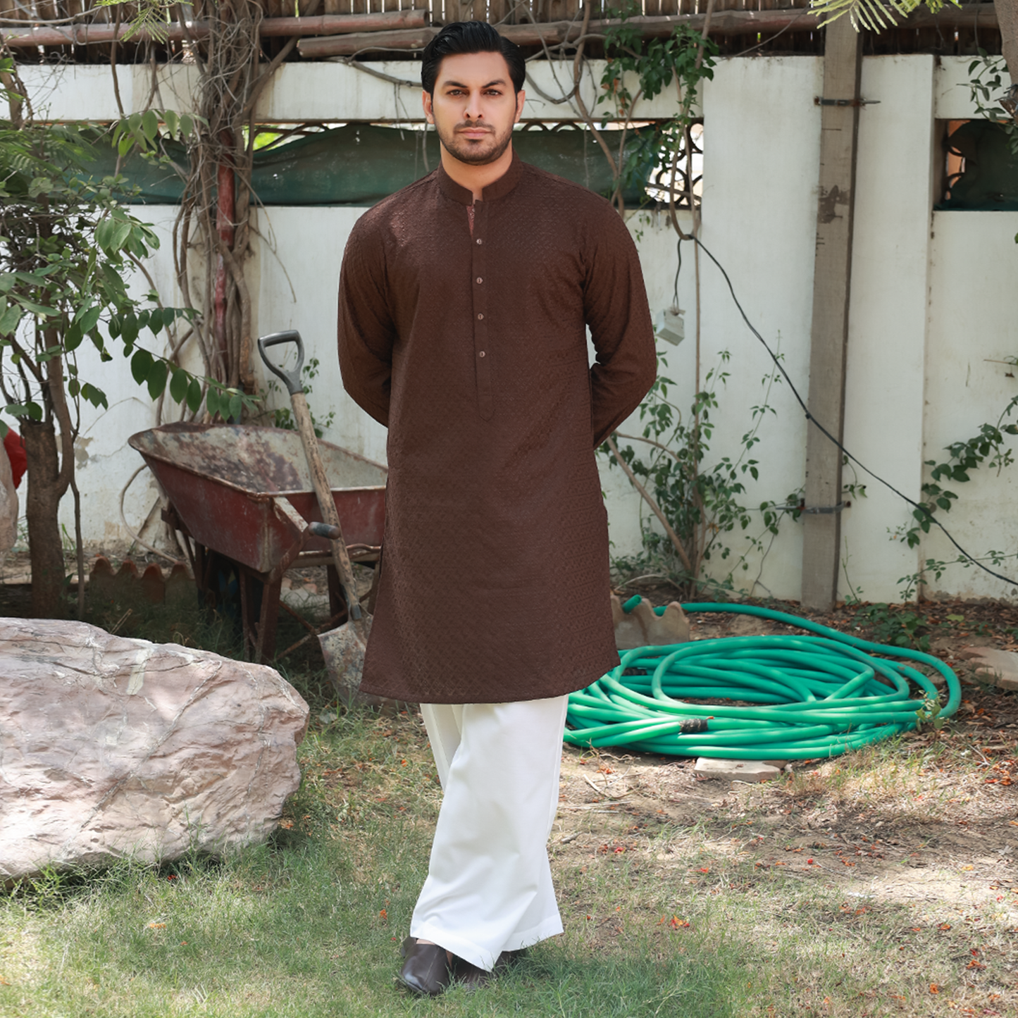 Coffee Brown Schiffli Cotton Slim Fit Kurta