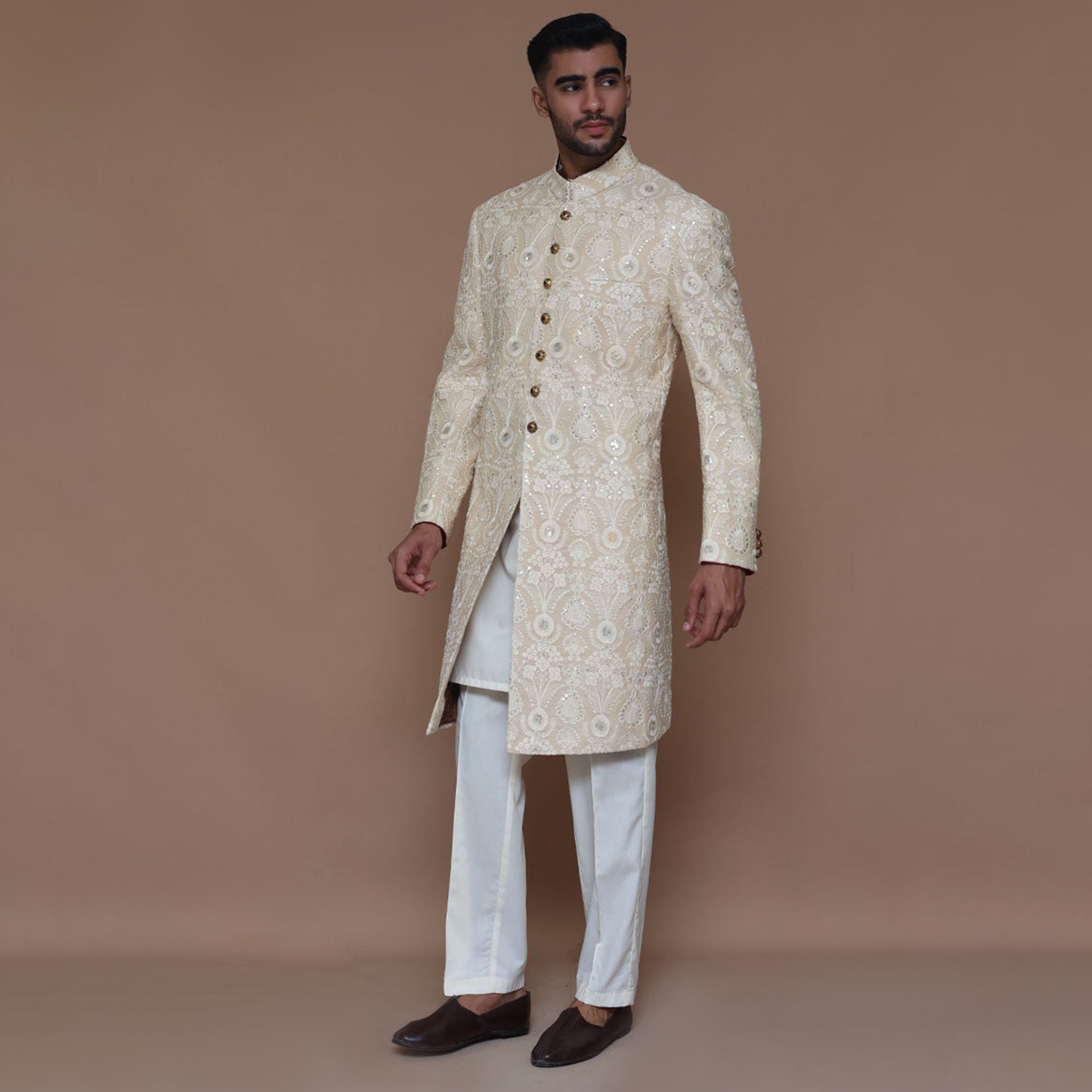 Cotton Net Cream Traditional Sherwani