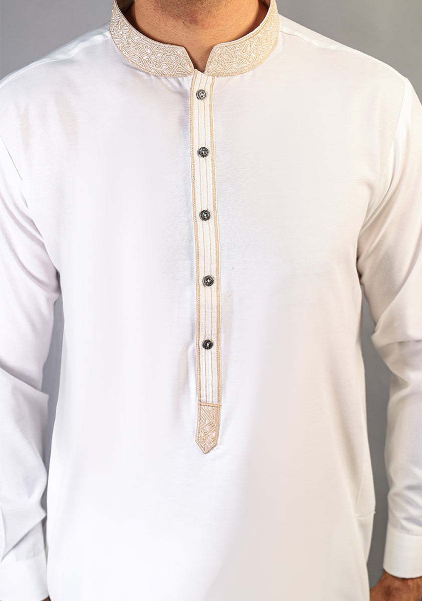 Cotton Silk Cloud Dancer Classic Fit Embroidered Suit