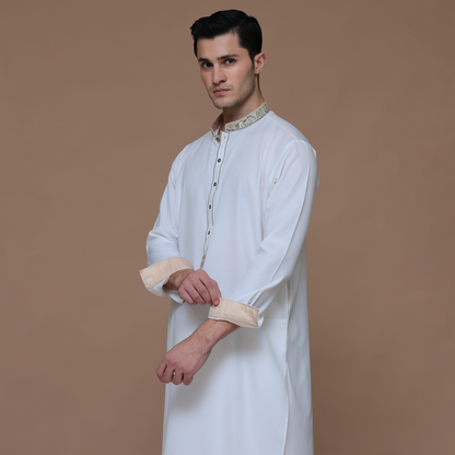 Cotton Silk Cloud Dancer Classic Fit Embroidered Suit