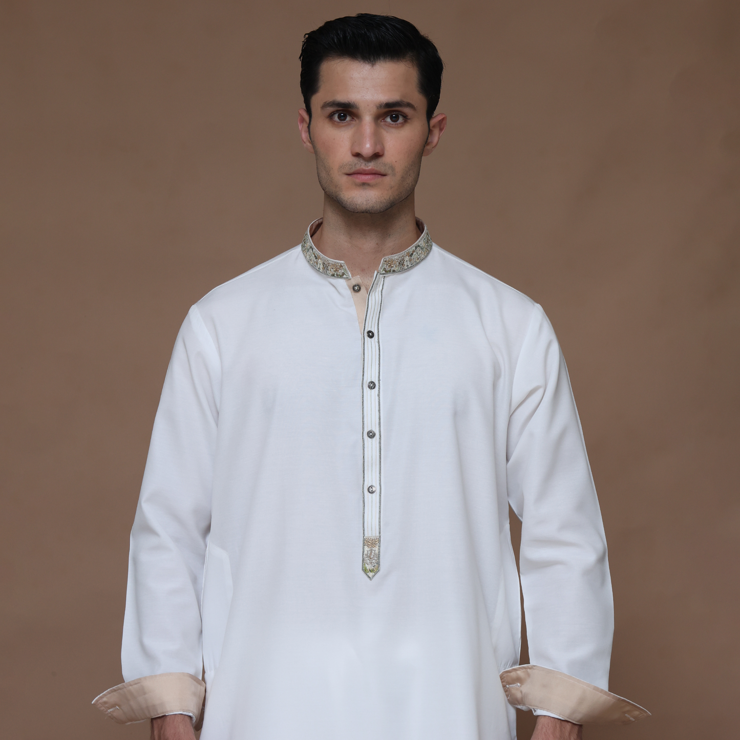 Cotton Silk Cloud Dancer Classic Fit Embroidered Suit