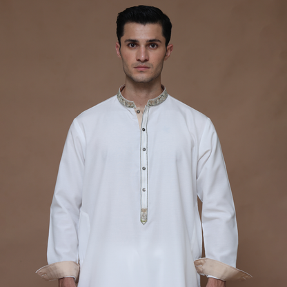 Cotton Silk Cloud Dancer Classic Fit Embroidered Suit