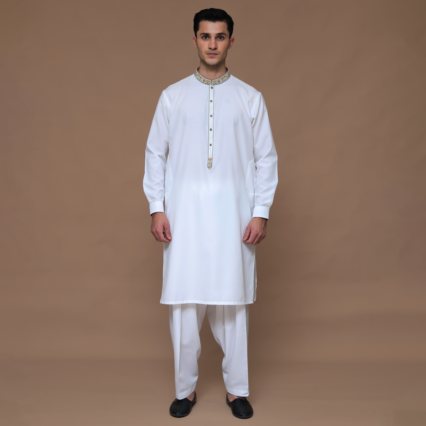 Cotton Silk Cloud Dancer Classic Fit Embroidered Suit