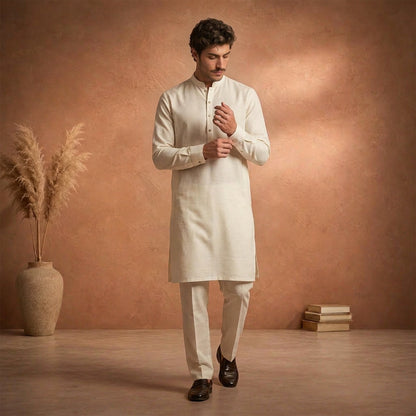 Cream Raw Silk Plain Kurta Pajama