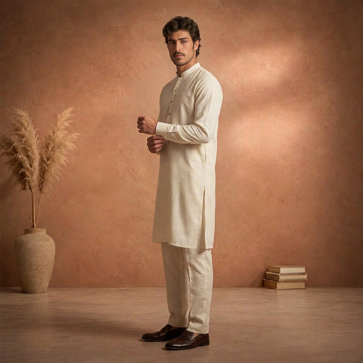 Cream Raw Silk Plain Kurta Pajama
