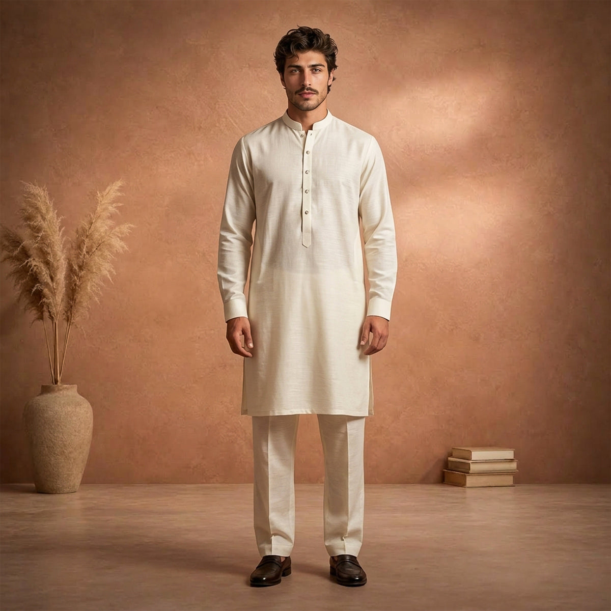 Cream Raw Silk Plain Kurta Pajama