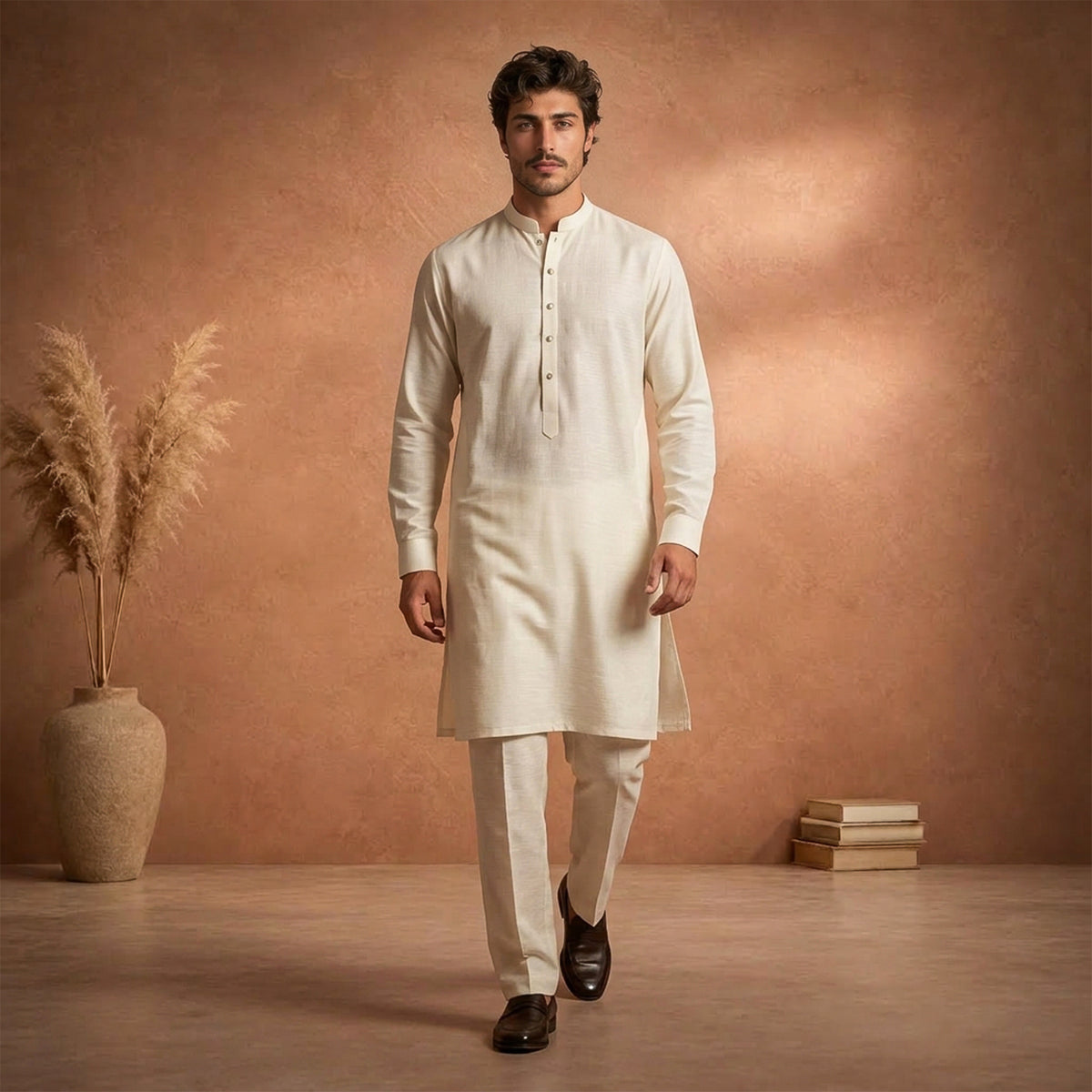 Cream Raw Silk Plain Kurta Pajama