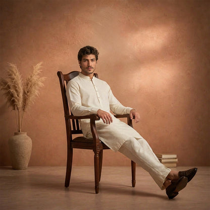 Cream Raw Silk Plain Kurta Pajama