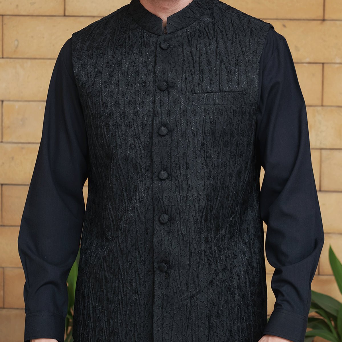 Crushed Jamawar Black Waistcoat