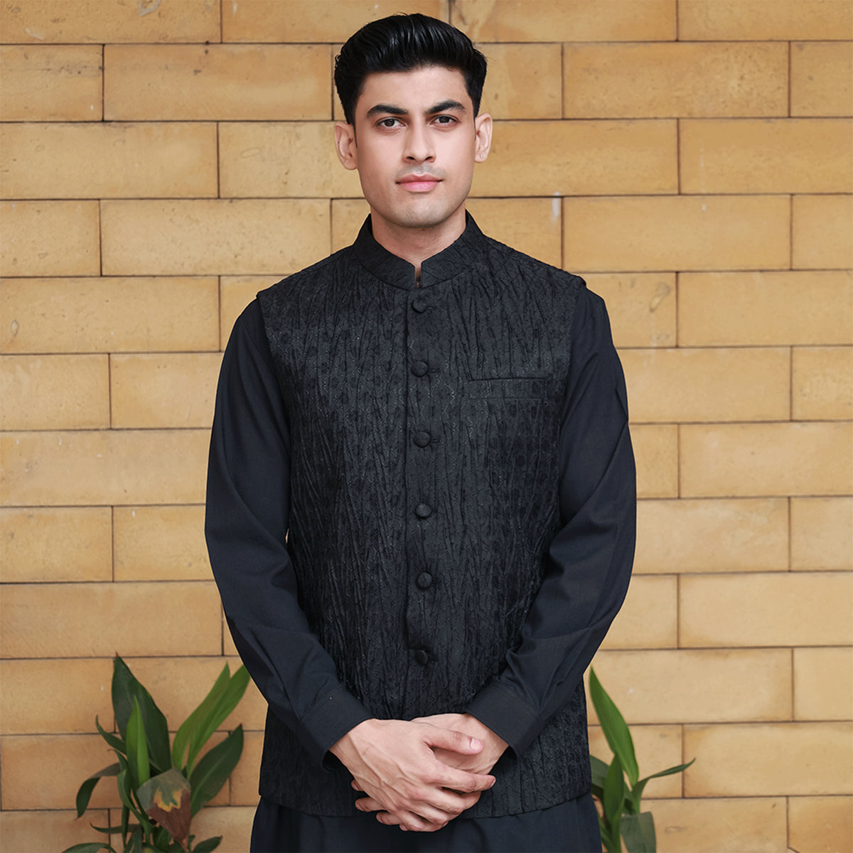 Crushed Jamawar Black Waistcoat