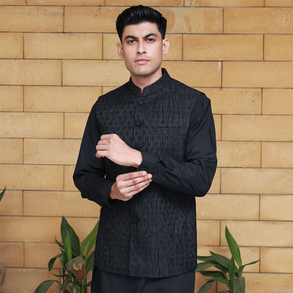 Crushed Jamawar Black Waistcoat