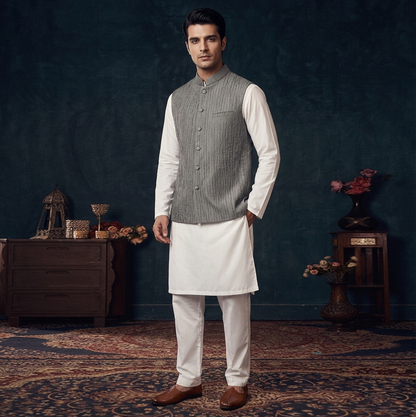 Crushed Jamawar Grey Waistcoat