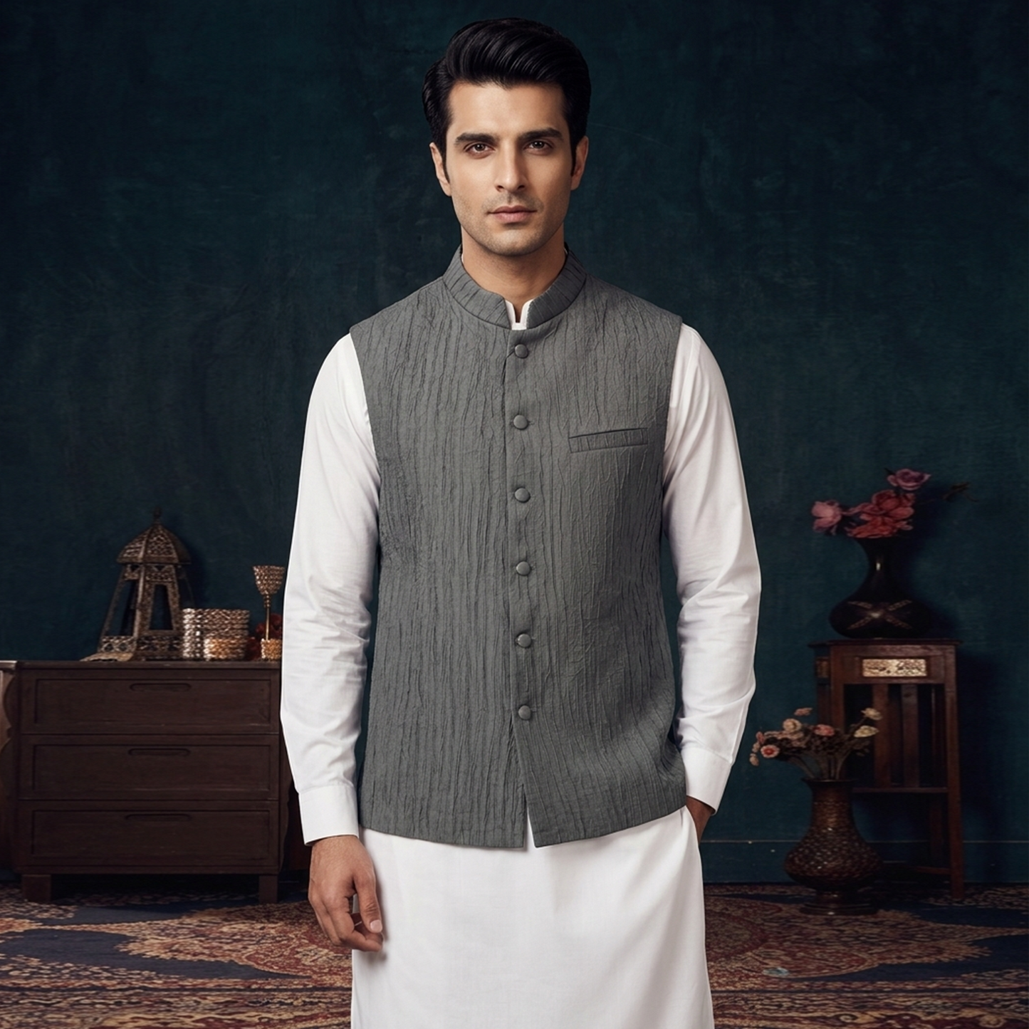 Crushed Jamawar Grey Waistcoat