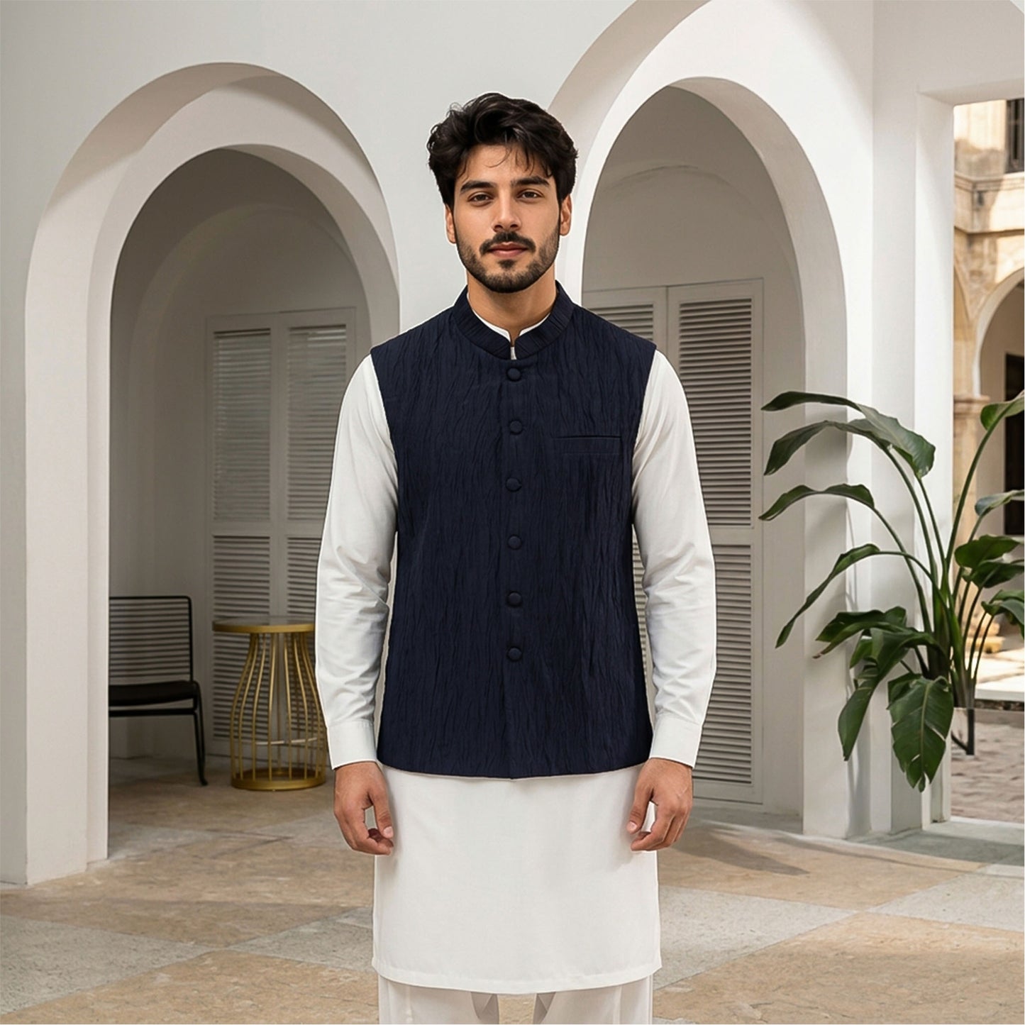 Crushed Raw Silk Blue Waistcoat