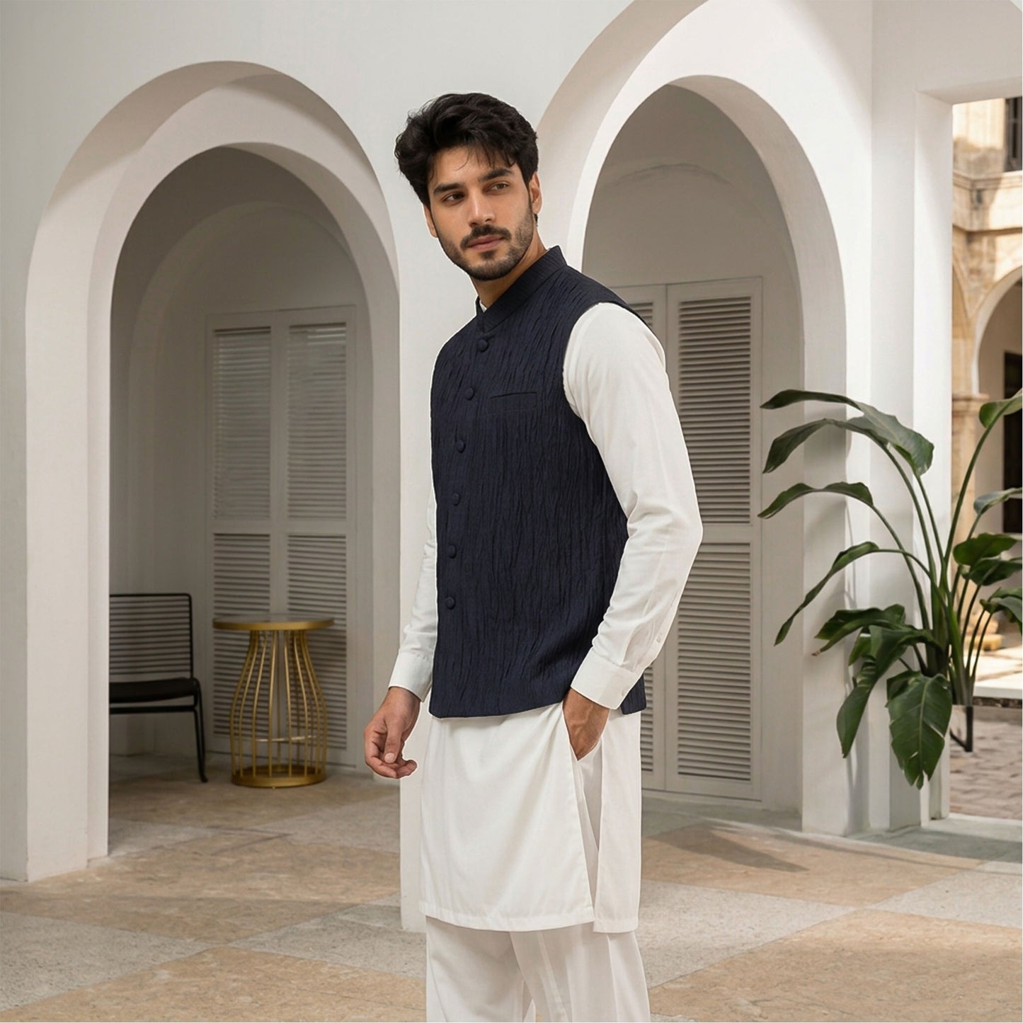 Crushed Raw Silk Blue Waistcoat