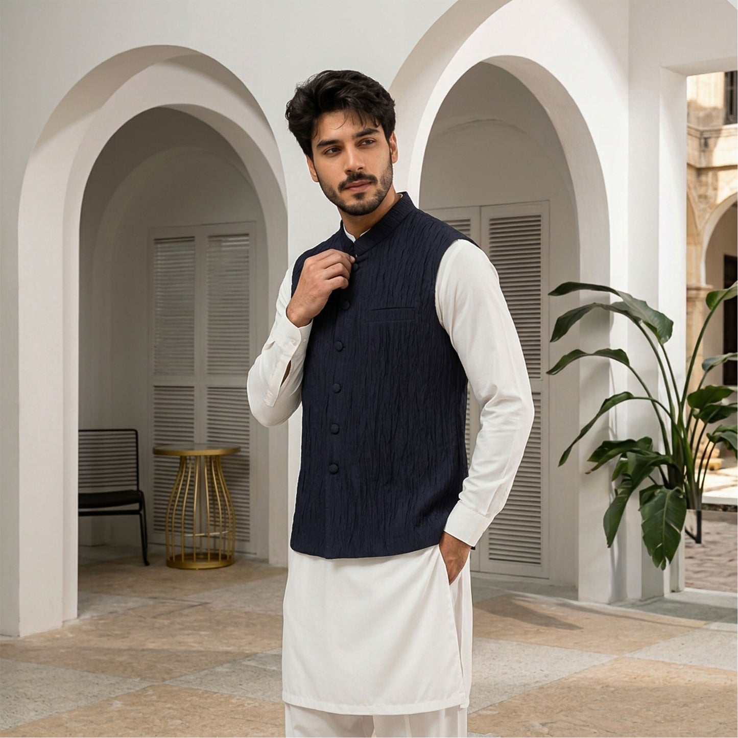 Crushed Raw Silk Blue Waistcoat