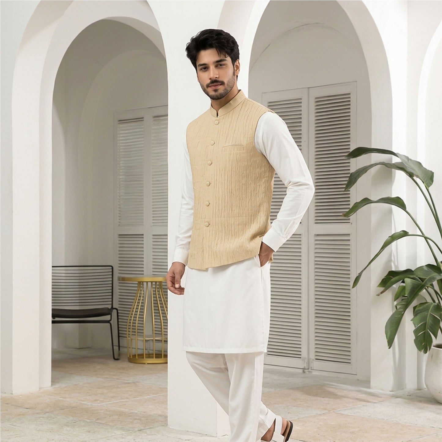 Crushed Raw Silk Sea Mist Waistcoat