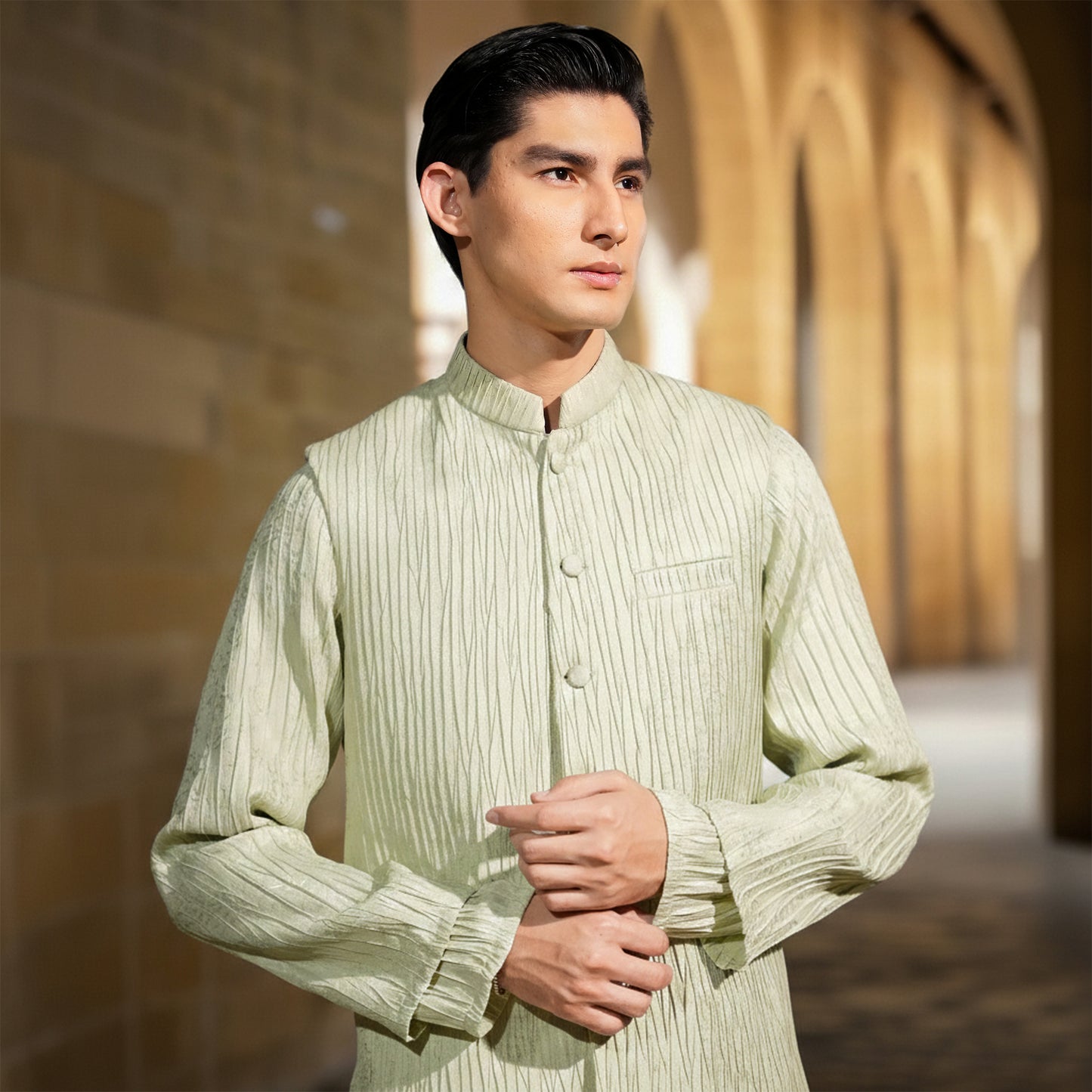 Crushed Jamawar Green Waistcoat